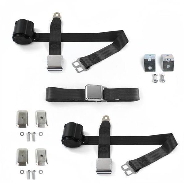 Geared2Golf Airplane 2 Point Black Retractable Bench Seat Belt Kit with Bracketry for 1988-1998 Chevy Truck - 3 Belts GE1348471
